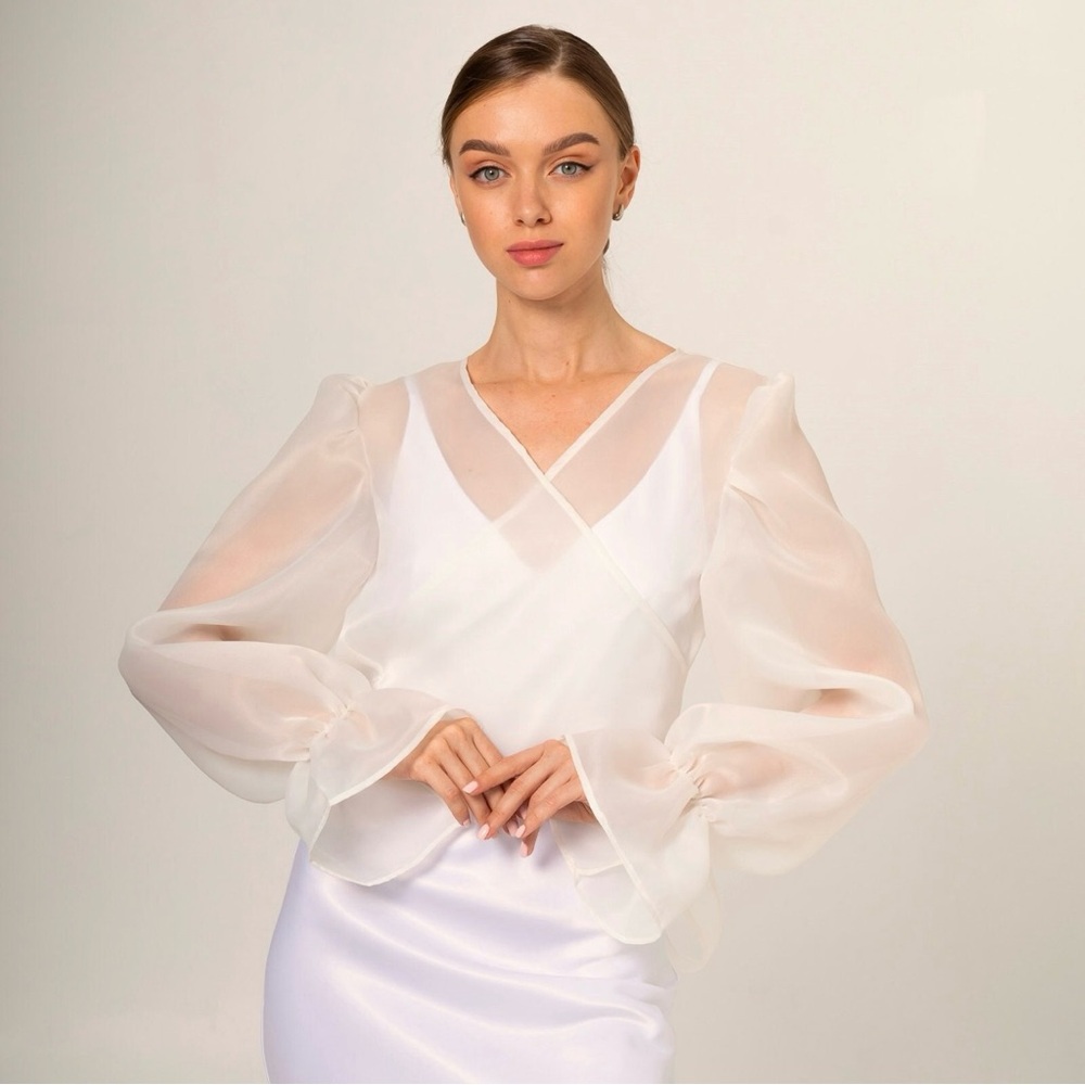 Sheer Bridal Long-Sleeve Wrap Blouse in Ivory